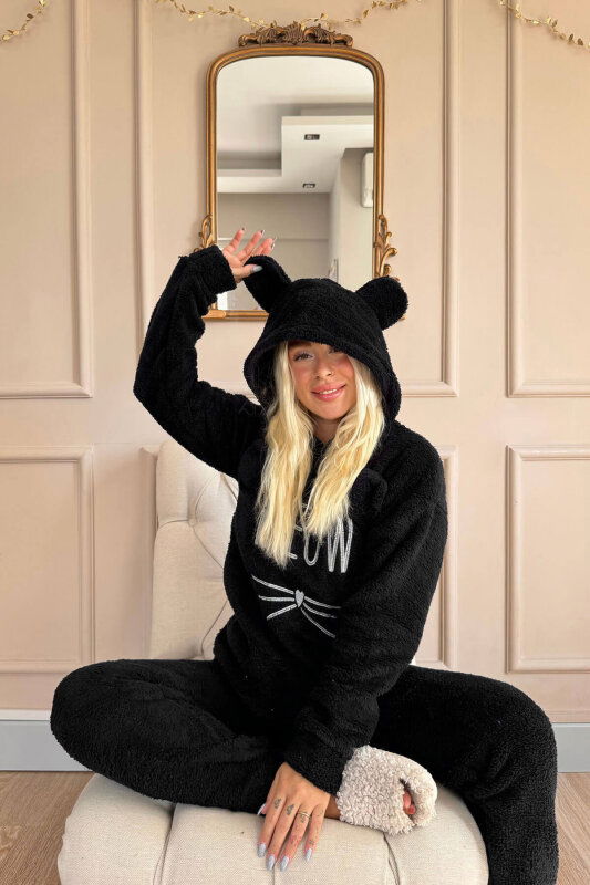 Siyah Meow Desenli Tam Peluş Pijama Takımı - Pijamaevi (1)