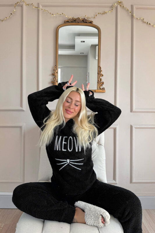 Siyah Meow Desenli Tam Peluş Pijama Takımı - Pijamaevi (2)
