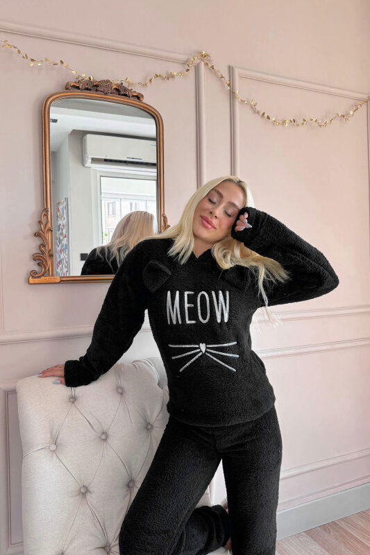 Siyah Meow Desenli Tam Peluş Pijama Takımı - Pijamaevi (3)