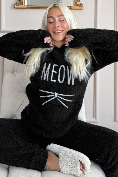 Siyah Meow Desenli Tam Peluş Pijama Takımı - 7