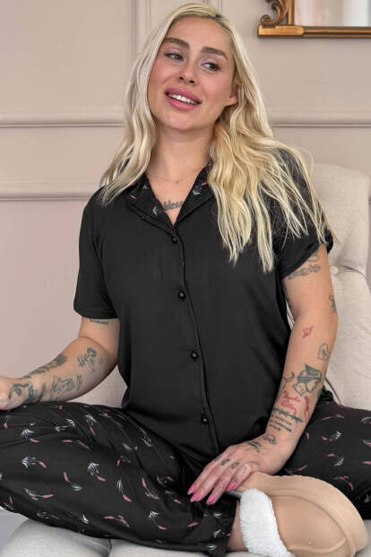 Siyah Midnight Petals Exclusive Önden Düğmeli Kadın Pijama Takımı 
