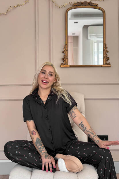 Siyah Midnight Petals Exclusive Önden Düğmeli Kadın Pijama Takımı - 2