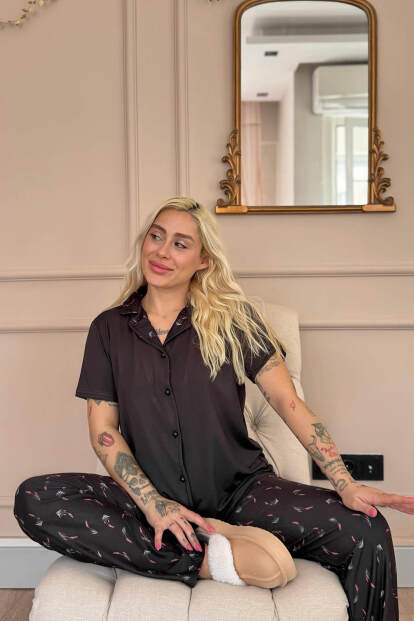 Siyah Midnight Petals Exclusive Önden Düğmeli Kadın Pijama Takımı - 3