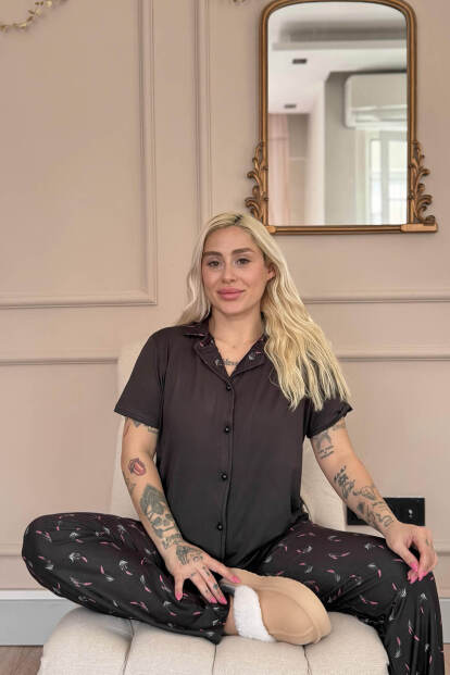 Siyah Midnight Petals Exclusive Önden Düğmeli Kadın Pijama Takımı - 4