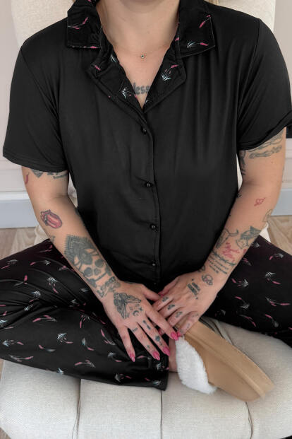 Siyah Midnight Petals Exclusive Önden Düğmeli Kadın Pijama Takımı - 5