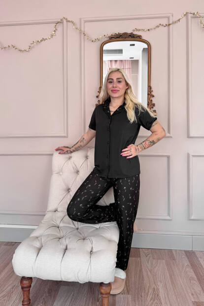 Siyah Midnight Petals Exclusive Önden Düğmeli Kadın Pijama Takımı - 6