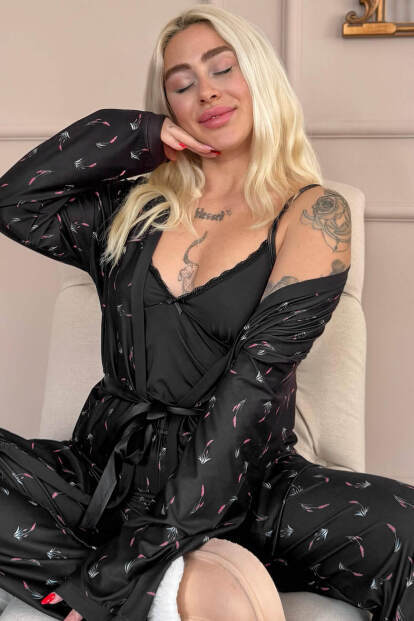 Siyah Midnight Petals Exclusive Örme Sabahlıklı Kadın Pijama Takımı - 7
