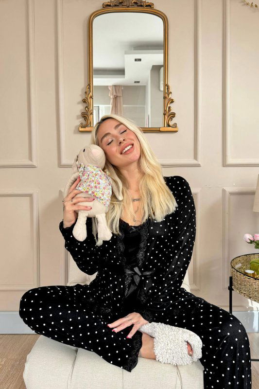 Siyah Mini Puan Desenli Bambu Sabahlıklı Kadın Pijama Takımı - Pijamaevi (2)