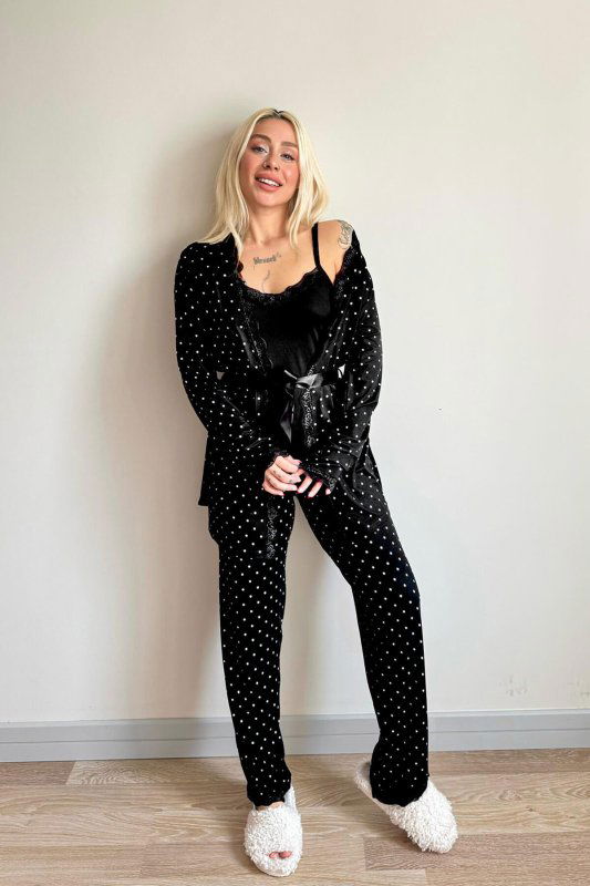 Siyah Mini Puan Desenli Bambu Sabahlıklı Kadın Pijama Takımı - Pijamaevi (3)