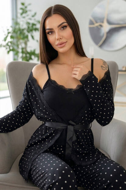 Siyah Mini Puan Desenli Bambu Sabahlıklı Kadın Pijama Takımı - 1