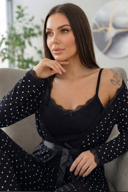 Siyah Mini Puan Desenli Bambu Sabahlıklı Kadın Pijama Takımı - 2