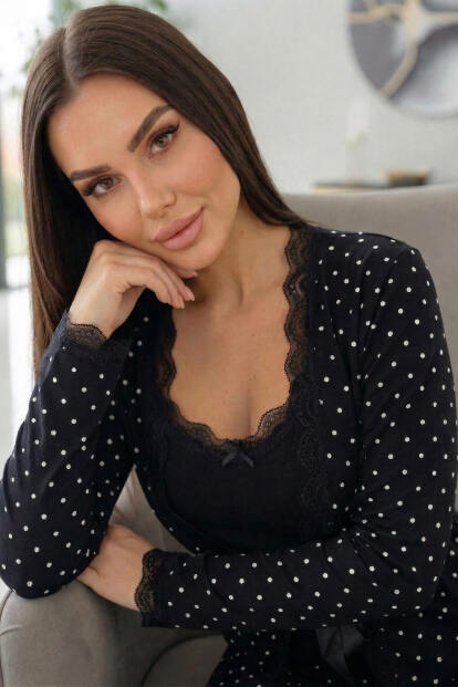 Siyah Mini Puan Desenli Bambu Sabahlıklı Kadın Pijama Takımı - 4