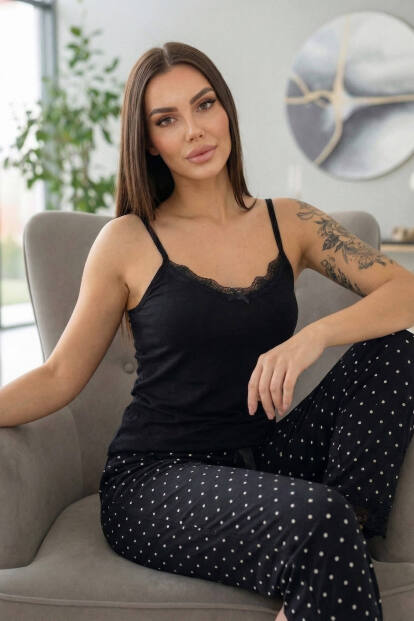 Siyah Mini Puan Desenli Bambu Sabahlıklı Kadın Pijama Takımı - 5