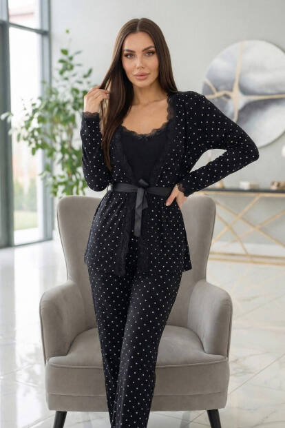 Siyah Mini Puan Desenli Bambu Sabahlıklı Kadın Pijama Takımı - 6