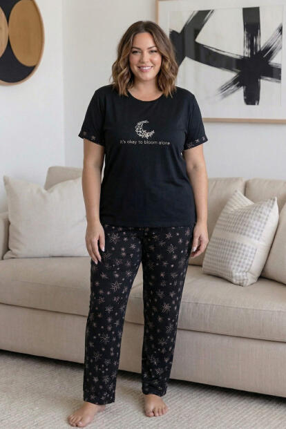 Siyah Moon Desenli Büyük Beden Battal Bambu Kısa Kol Kadın Pijama Takımı - 5