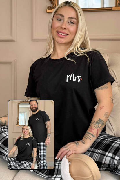 Siyah Mrs Kısa Kol Sevgili Aile Pijaması - Kadın Takımı - 8