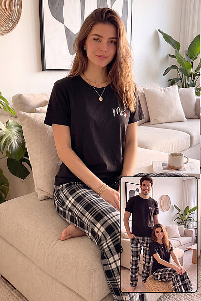Siyah Mrs Kısa Kol Sevgili Aile Pijaması - Kadın Takımı - 1