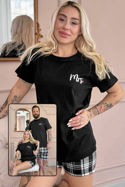 Siyah Mrs, Şortlu Sevgili Aile Pijaması - Kadın Takımı - 7