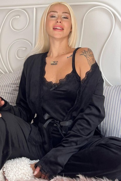 Siyah Nero Exclusive Kadife Sabahlıklı Kadın Pijama Takımı  - 7