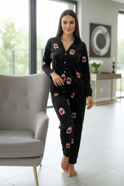 Siyah Nordic Desenli Exclusive Önden Düğmeli Kadife Kadın Pijama Takımı - 5