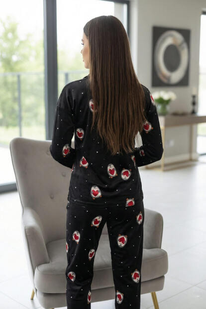 Siyah Nordic Desenli Exclusive Önden Düğmeli Kadife Kadın Pijama Takımı - 6