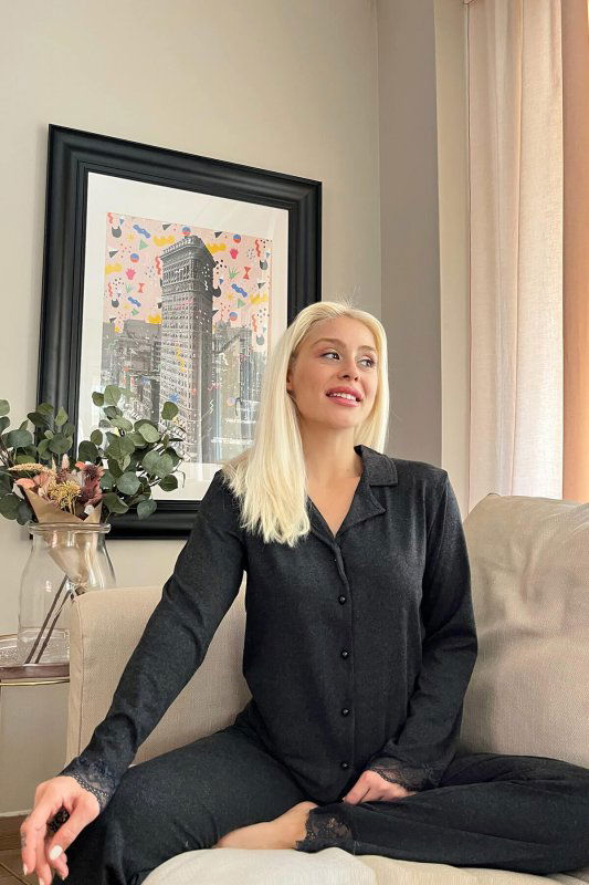 Siyah Önden Düğmeli Bambu Uzun Kol Pijama Takımı - Pijamaevi (1)