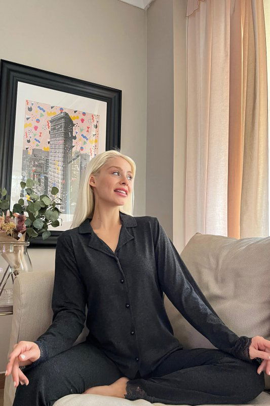 Siyah Önden Düğmeli Bambu Uzun Kol Pijama Takımı - Pijamaevi (2)