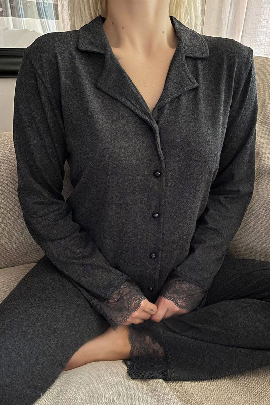 Siyah Önden Düğmeli Bambu Uzun Kol Pijama Takımı - Pijamaevi (3)