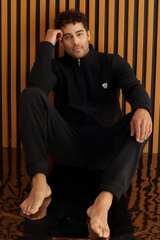 Siyah Önden Fermuarlı Uzun Kollu Polar Erkek Pijama Takımı - Pijamaevi