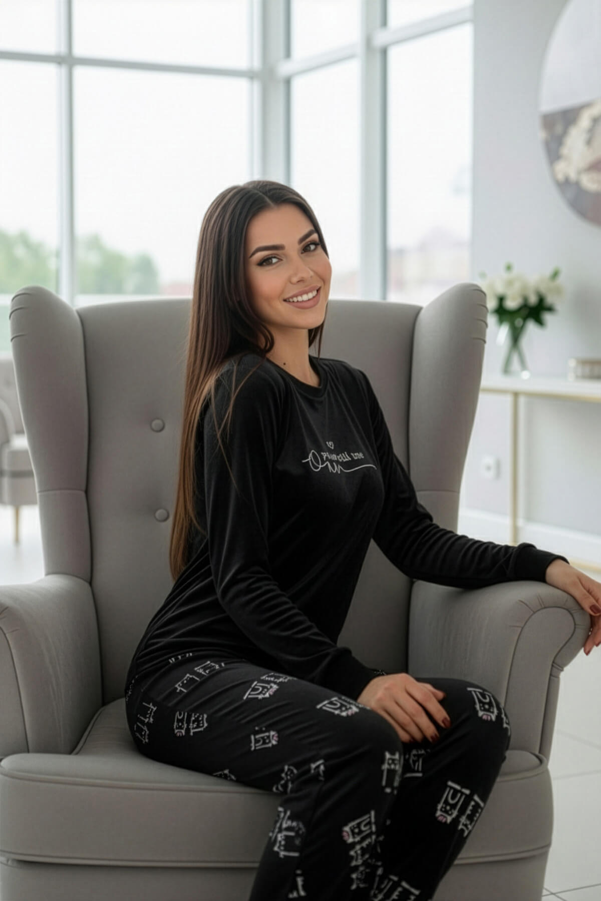 Siyah One Desenli Exclusive Kadife Kadın Pijama Takımı - Pijamaevi (2)