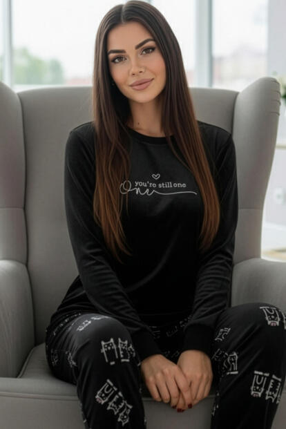 Siyah One Desenli Exclusive Kadife Kadın Pijama Takımı - 7