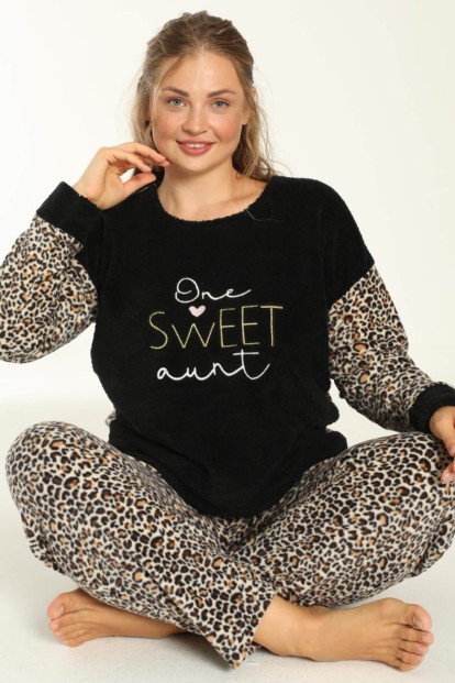 Siyah One Sweet Desenli Büyük Beden Battal Peluş Pijama Takımı - 1