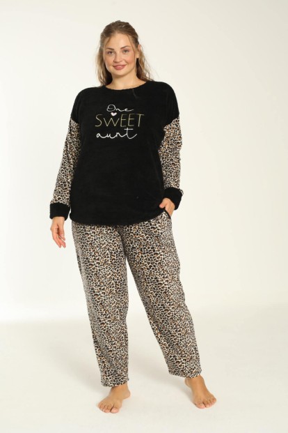 Siyah One Sweet Desenli Büyük Beden Battal Peluş Pijama Takımı - 2