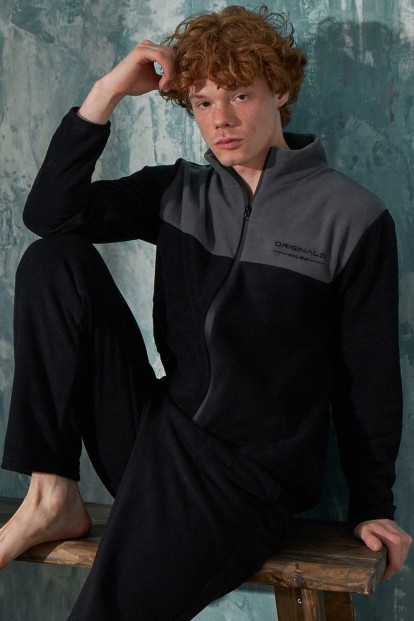 Siyah Originals Önden Fermuarlı Uzun Kollu Polar Erkek Pijama Takımı - 1