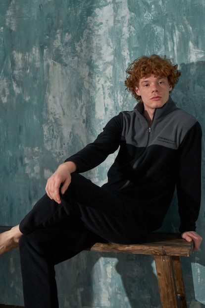 Siyah Originals Önden Fermuarlı Uzun Kollu Polar Erkek Pijama Takımı - 2