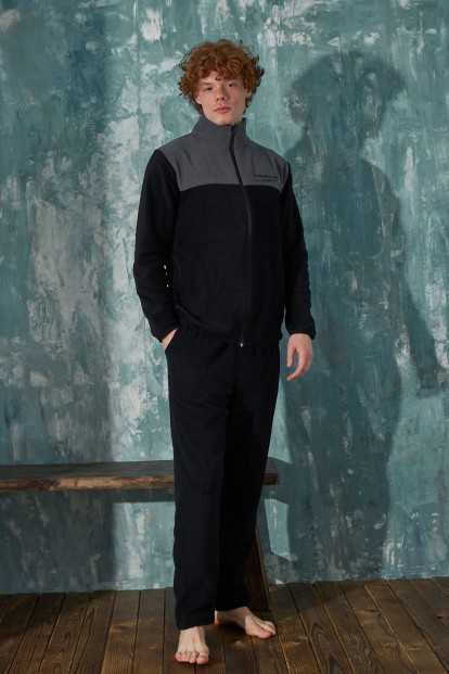 Siyah Originals Önden Fermuarlı Uzun Kollu Polar Erkek Pijama Takımı - 3