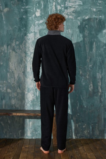 Siyah Originals Önden Fermuarlı Uzun Kollu Polar Erkek Pijama Takımı - 5
