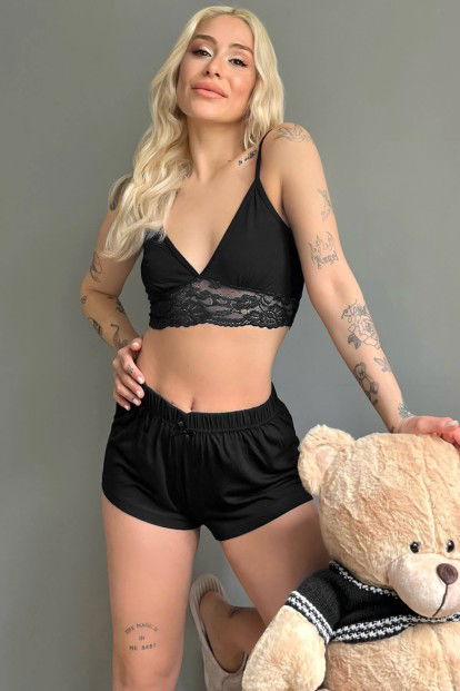 Siyah Örme Bralet Şortlu Takım - 1