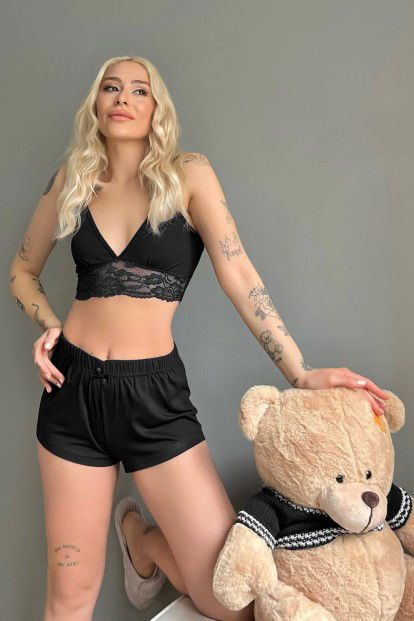 Siyah Örme Bralet Şortlu Takım - 2