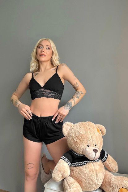 Siyah Örme Bralet Şortlu Takım - 3