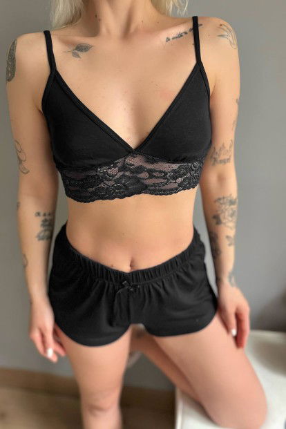 Siyah Örme Bralet Şortlu Takım - 4
