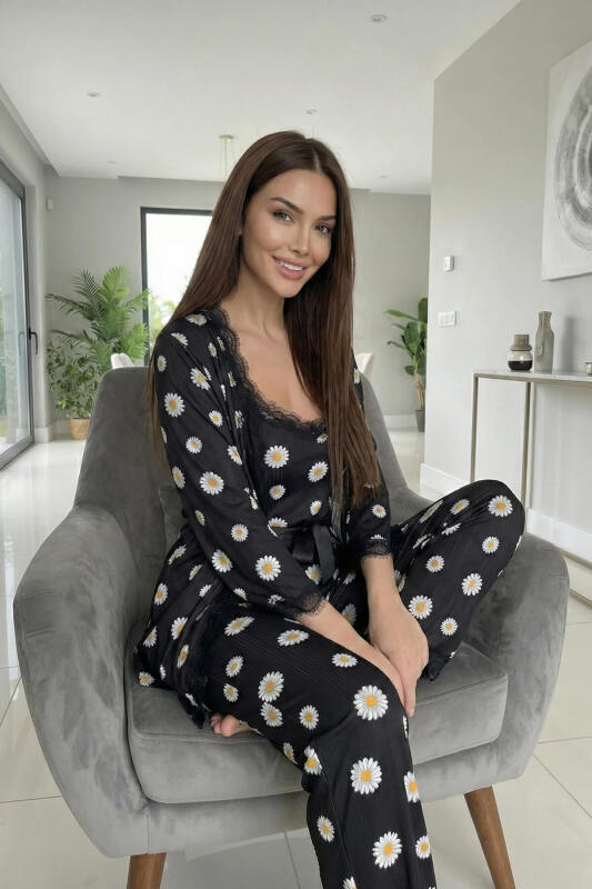 Siyah Papatya Papatya Desenli Sabahlıklı Pegasus Pijama Takımı - Pijamaevi (1)