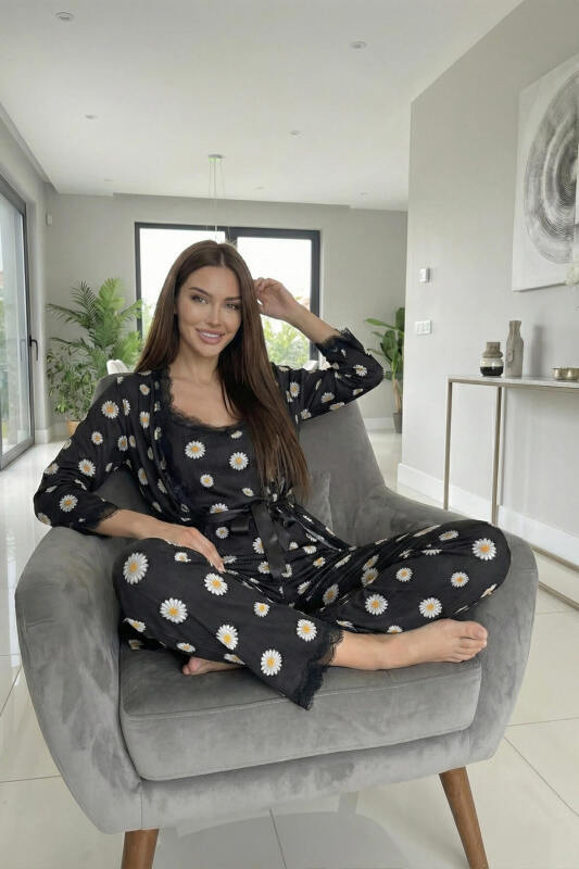 Siyah Papatya Papatya Desenli Sabahlıklı Pegasus Pijama Takımı - Pijamaevi (3)