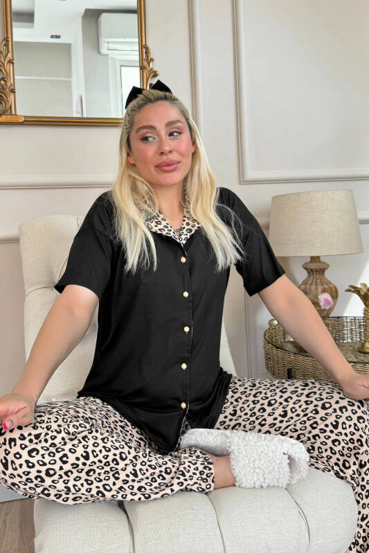 Siyah Pars Desenli Bambu Önden Düğmeli Kısa Kol Pijama Takımı - Pijamaevi (1)