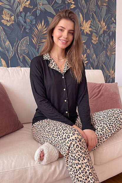 Siyah Pars Desenli Bambu Önden Düğmeli Uzun Kol Kadın Pijama Takımı - 6