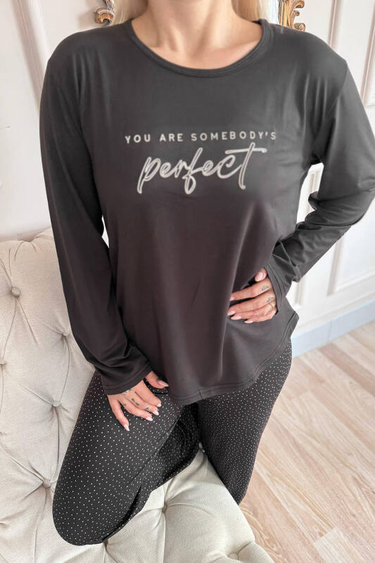 Siyah Perfect Desenli Bambu Uzun Kol Kadın Pijama Takımı - Pijamaevi (3)