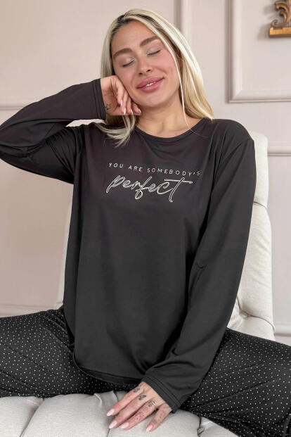 Siyah Perfect Desenli Bambu Uzun Kol Kadın Pijama Takımı - 7