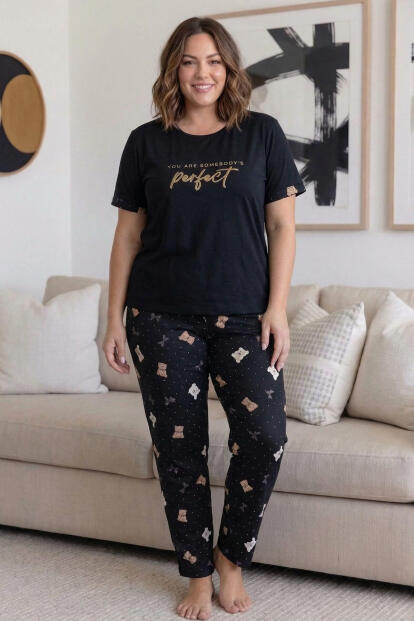 Siyah Perfect Desenli Büyük Beden Battal Bambu Kısa Kol Kadın Pijama Takımı - 4