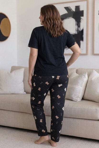 Siyah Perfect Desenli Büyük Beden Battal Bambu Kısa Kol Kadın Pijama Takımı - 5