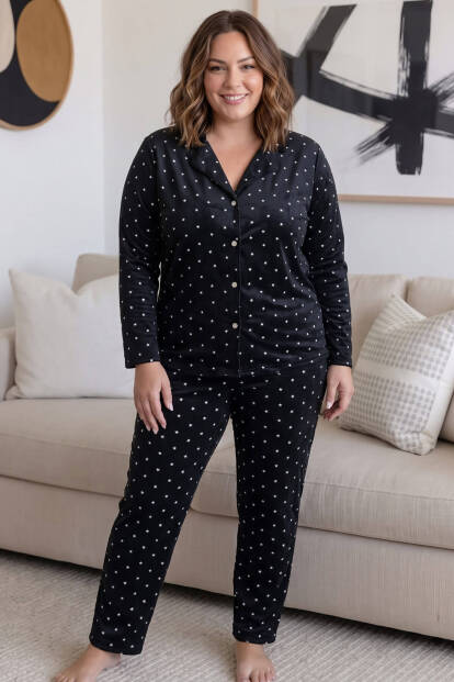 Siyah Poeng Önden Düğmeli Battal Büyük Beden Süet Kadın Pijama Takımı  - 5